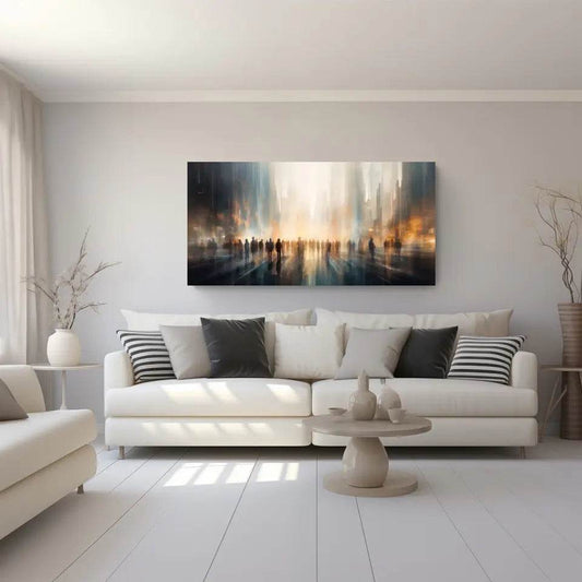 Surreales Panoramabild: Stadtlandschaft mit Silhouettenfiguren - posterfolio.de
