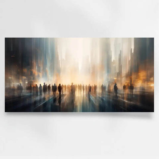 Surreales Panoramabild: Stadtlandschaft mit Silhouettenfiguren - posterfolio.de