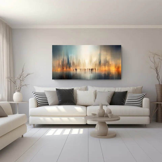 Faszinierendes Panoramabild: Surreale Stadtlandschaft in Orange und Blau entdecken! - posterfolio.de