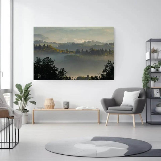 Toskana Wandbild: Sanfte Hügel und Nebelmorgen bei San Gimignano - posterfolio.de