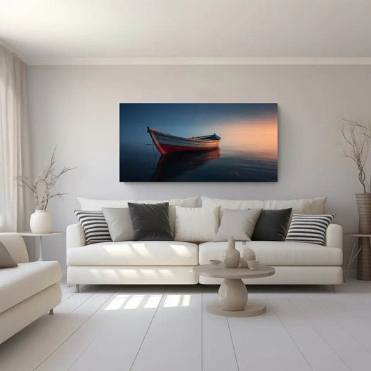 Panorama Wandbild: Einsames Boot im Sonnenuntergang - posterfolio.de