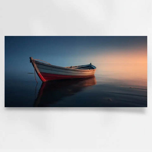 Panorama Wandbild: Einsames Boot im Sonnenuntergang - posterfolio.de