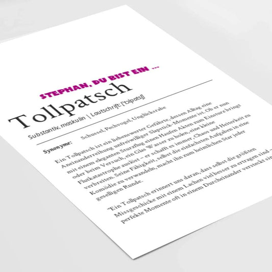 Definition Poster Tollpatsch: Dein humorvolles personalisiertes Geschenk - posterfolio.de