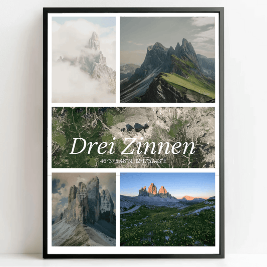 Fotocollage mit Landkarte und Koordinaten – Drei Zinnen Dolomiten - posterfolio.de