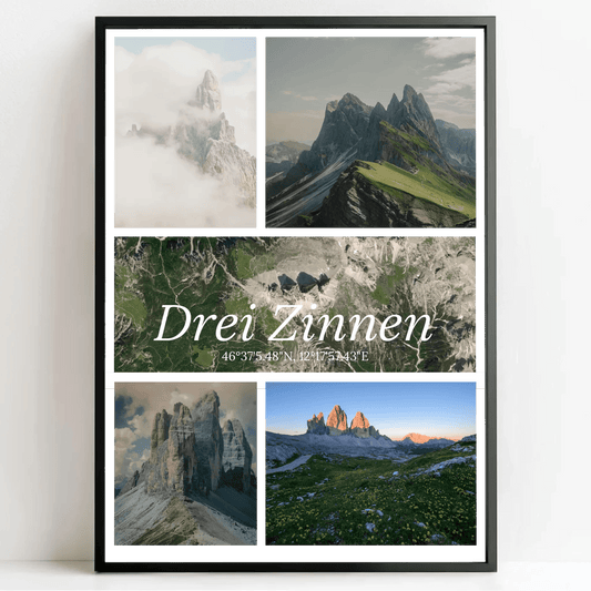 Fotocollage mit Landkarte und Koordinaten – Drei Zinnen Dolomiten - posterfolio.de