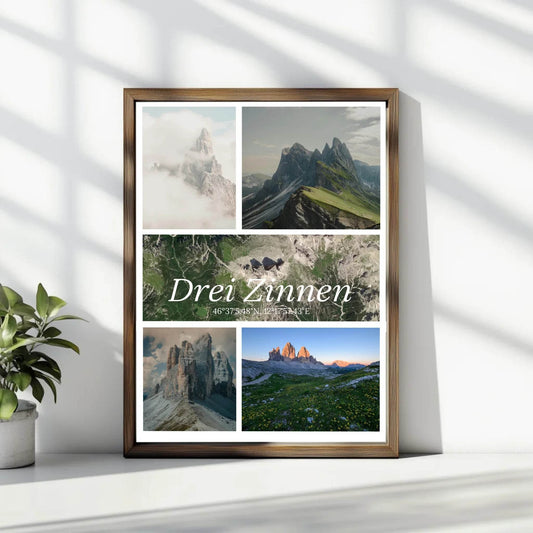 Fotocollage mit Landkarte und Koordinaten – Drei Zinnen Dolomiten - posterfolio.de