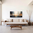 Surreales Panoramabild: Stadtlandschaft mit Silhouettenfiguren - posterfolio.de
