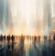 Surreales Panoramabild: Stadtlandschaft mit Silhouettenfiguren - posterfolio.de