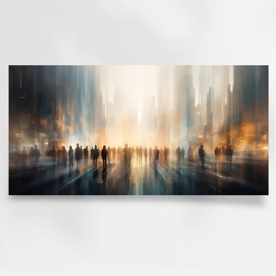 Surreales Panoramabild: Stadtlandschaft mit Silhouettenfiguren