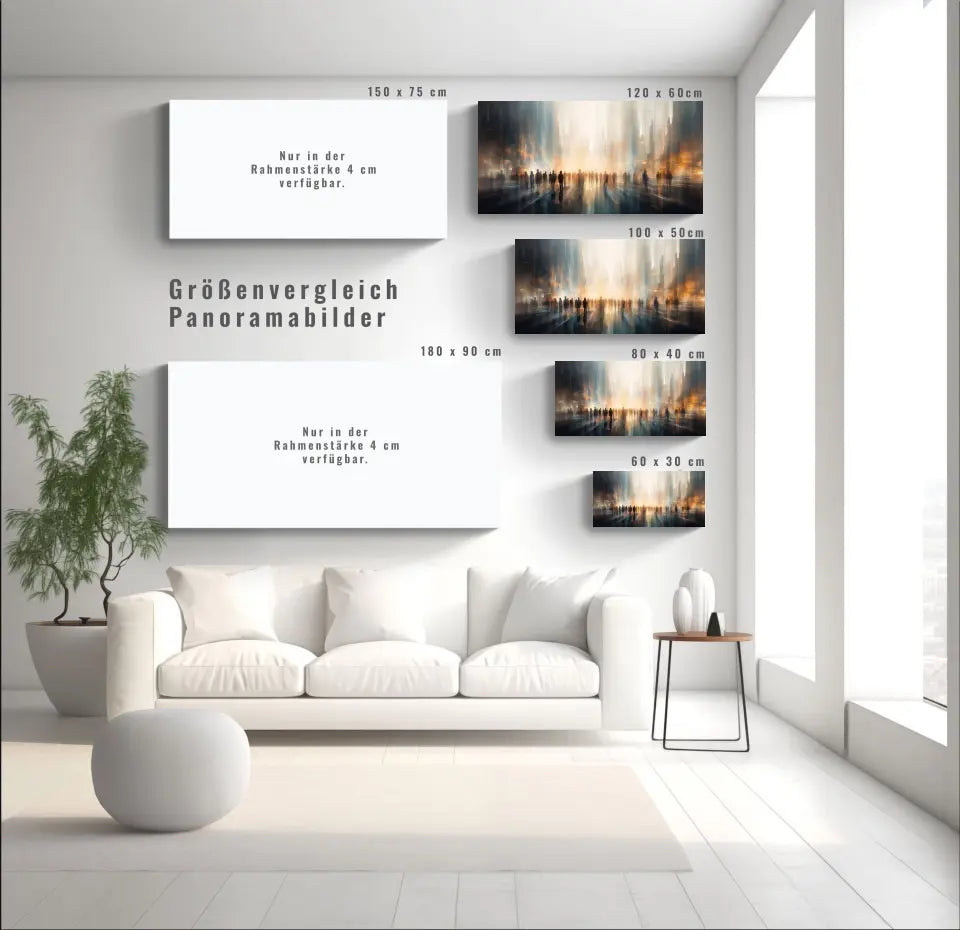 Surreales Panoramabild: Stadtlandschaft mit Silhouettenfiguren