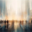 Surreales Panoramabild: Stadtlandschaft mit Silhouettenfiguren - posterfolio.de