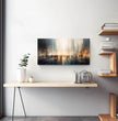 Surreales Panoramabild: Stadtlandschaft mit Silhouettenfiguren - posterfolio.de