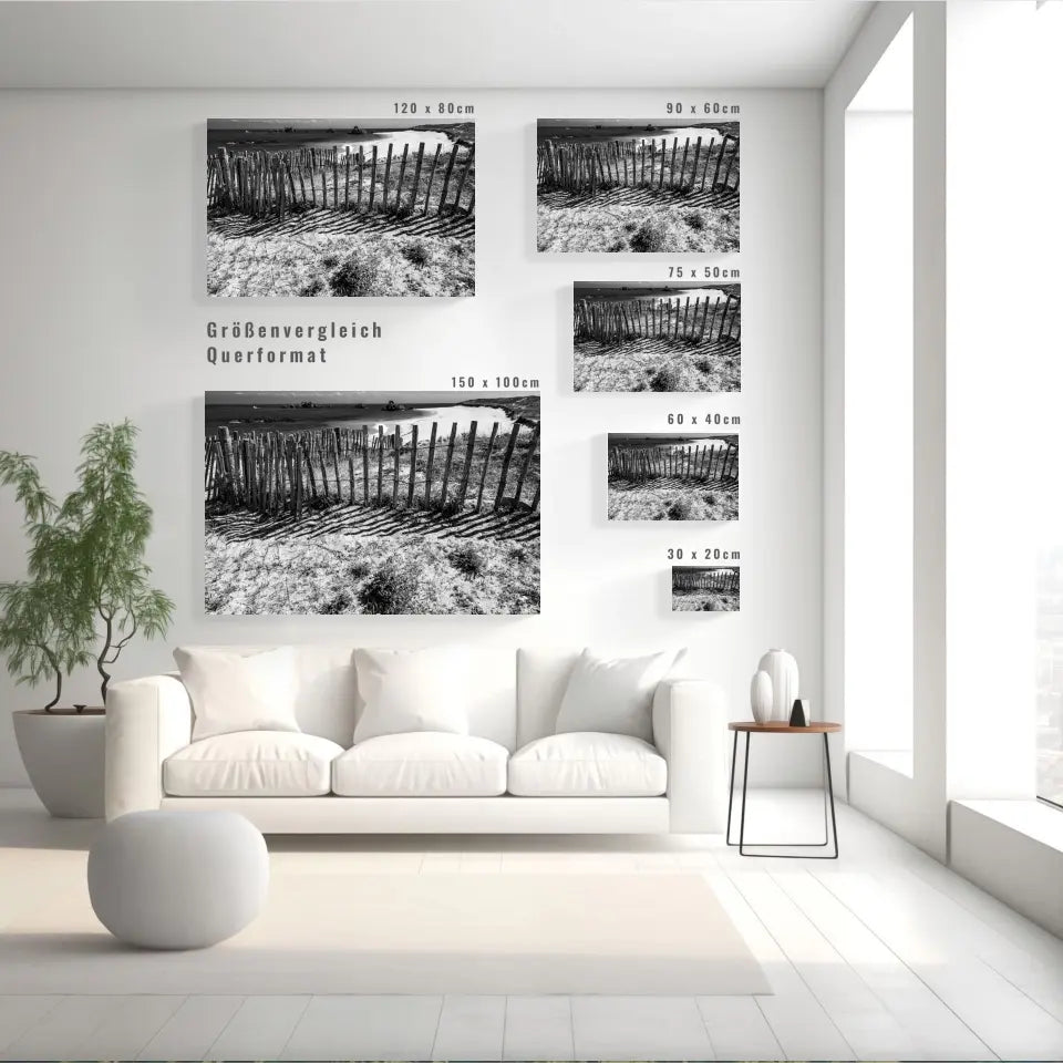 Zaun am Strand Wandbild: Stille der Bretagne in Schwarz-Weiß