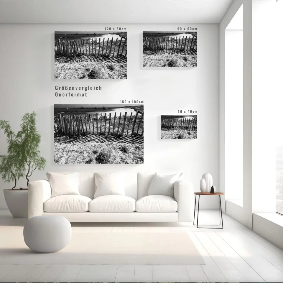 Zaun am Strand Wandbild: Stille der Bretagne in Schwarz-Weiß