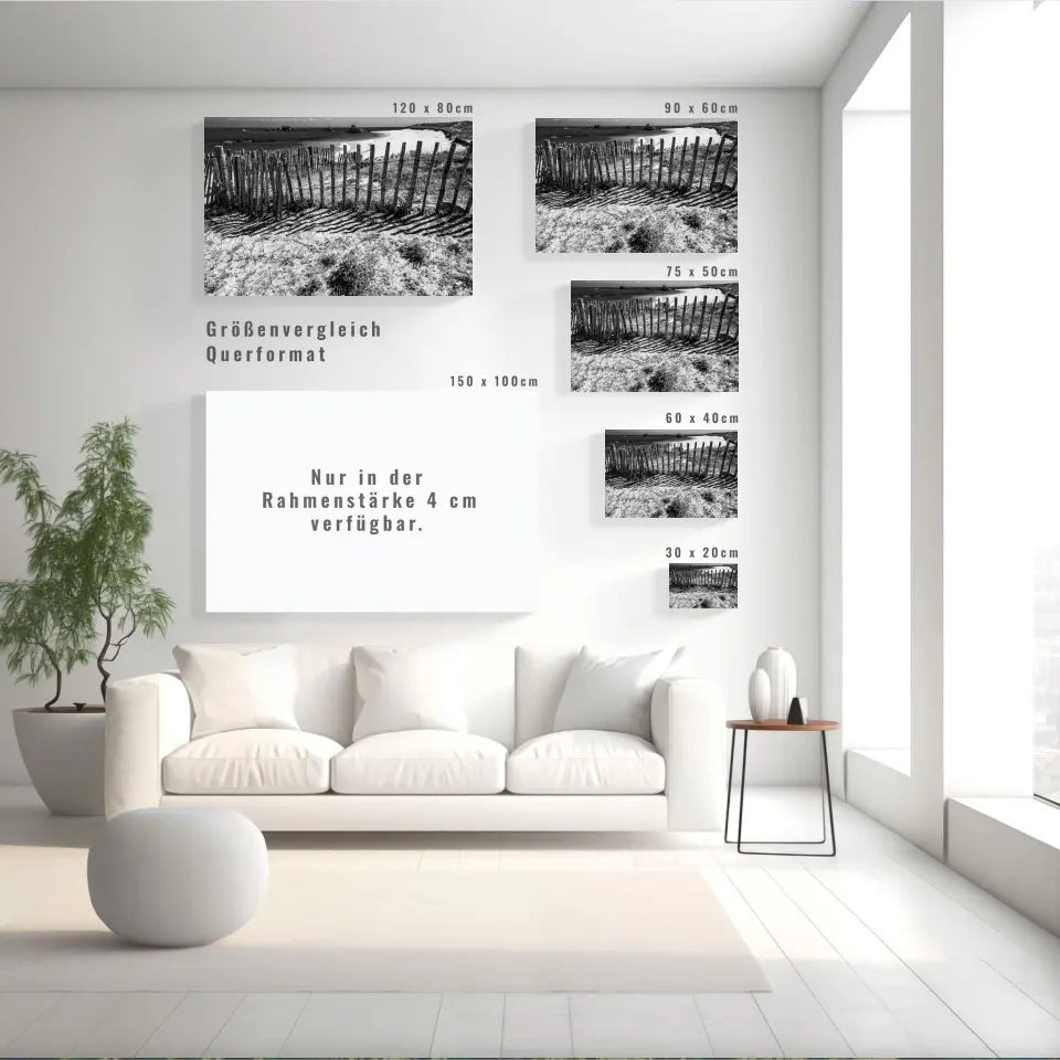 Zaun am Strand Wandbild: Stille der Bretagne in Schwarz-Weiß