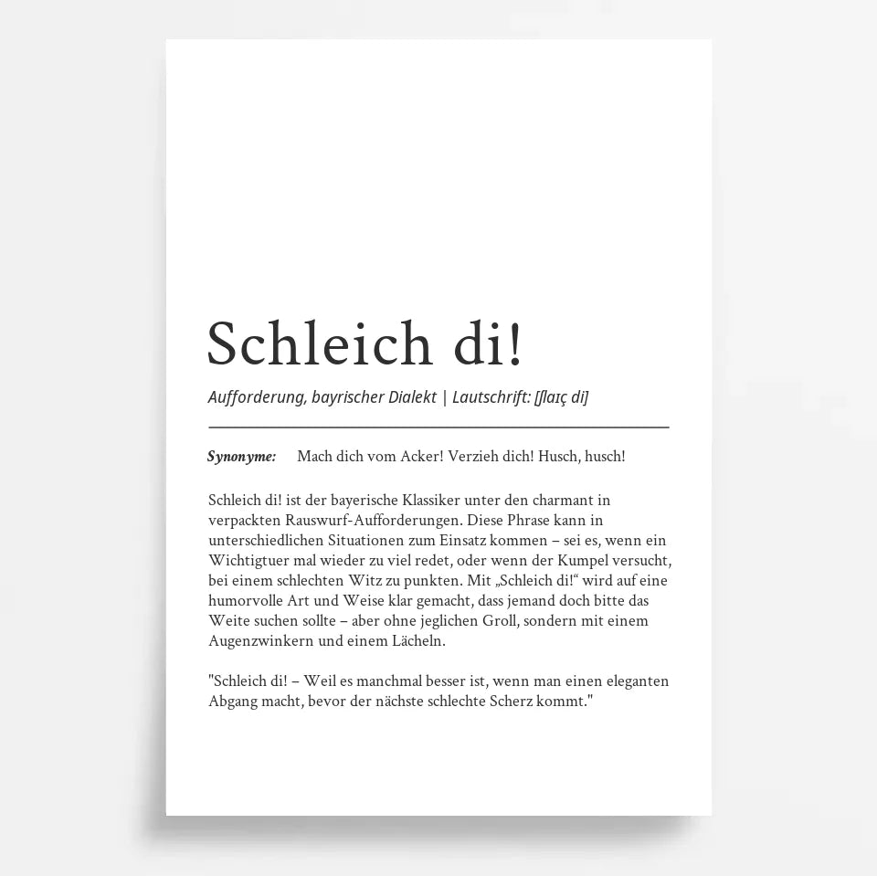 Bayrisches "Schleich di" Definition Poster: Dein personalisiertes Geschenk