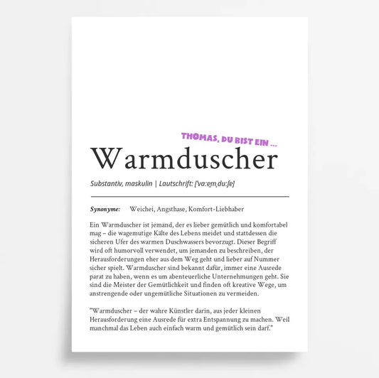 Definition Poster Warmduscher: Ein einzigartiges, personalisiertes Poster