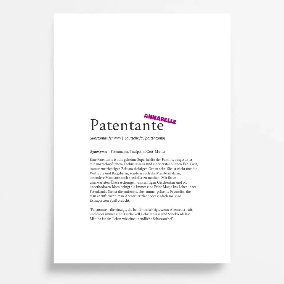 Definition Poster Patentante: Ein liebevolles personalisiertes Geschenk