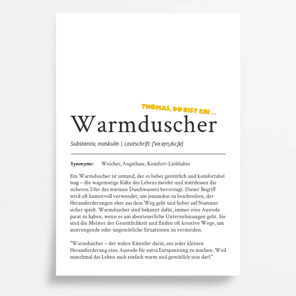 Definition Poster Warmduscher: Ein einzigartiges, personalisiertes Poster