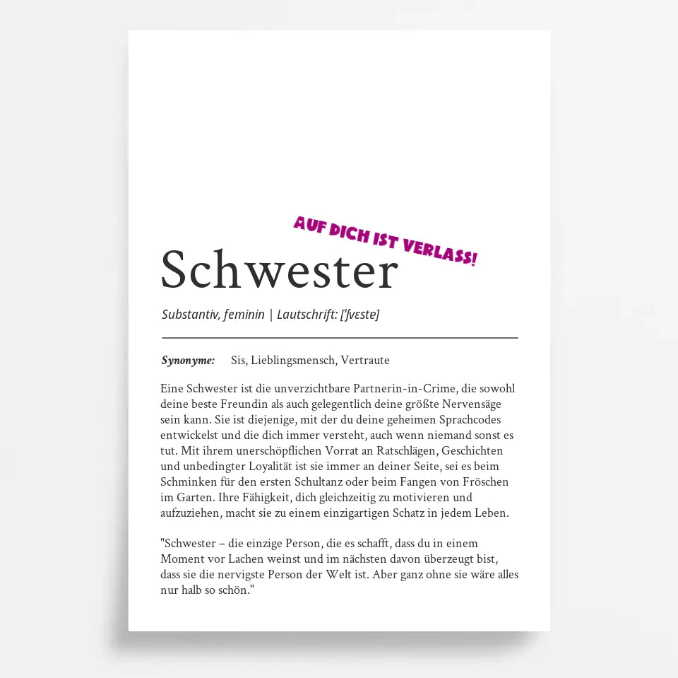 Definition Poster Schwester: Ein einzigartiges, personalisiertes Poster