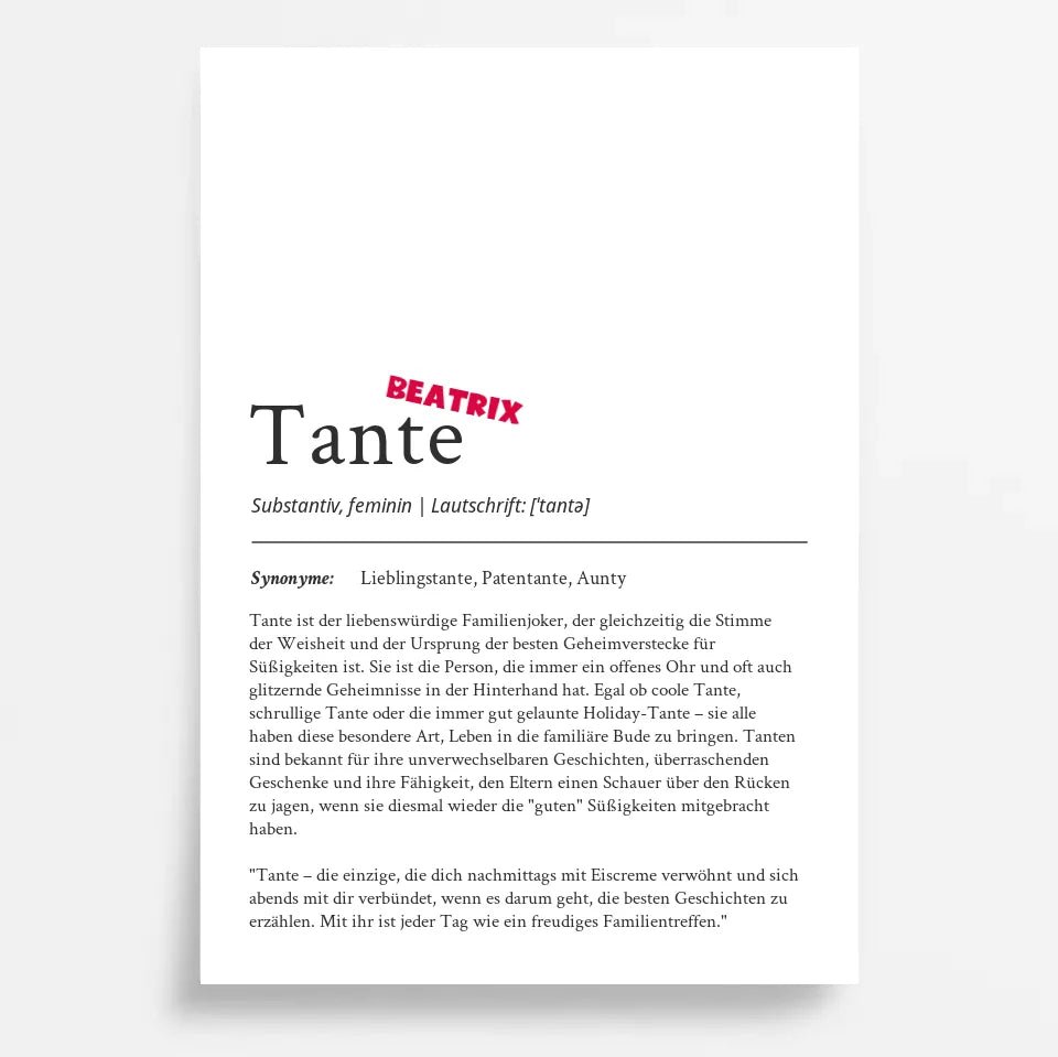 Definition Poster Tante: Dein einzigartiges personalisiertes Geschenk