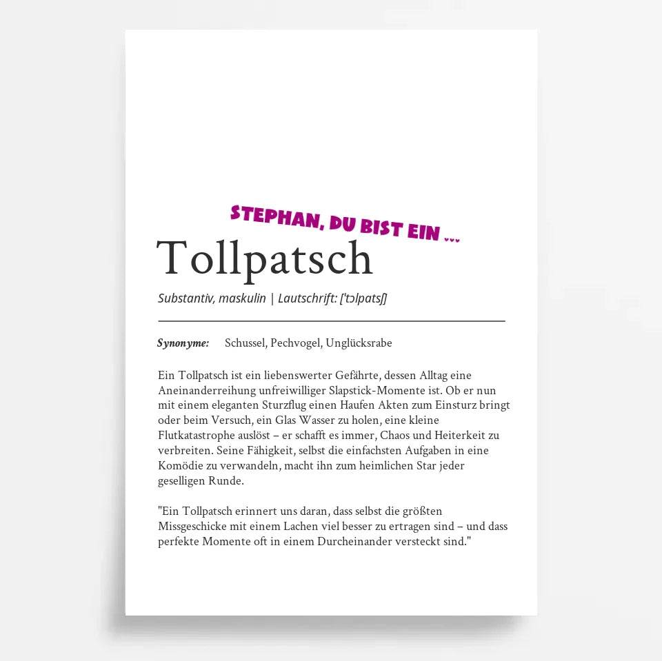 Definition Poster Tollpatsch: Dein humorvolles personalisiertes Geschenk