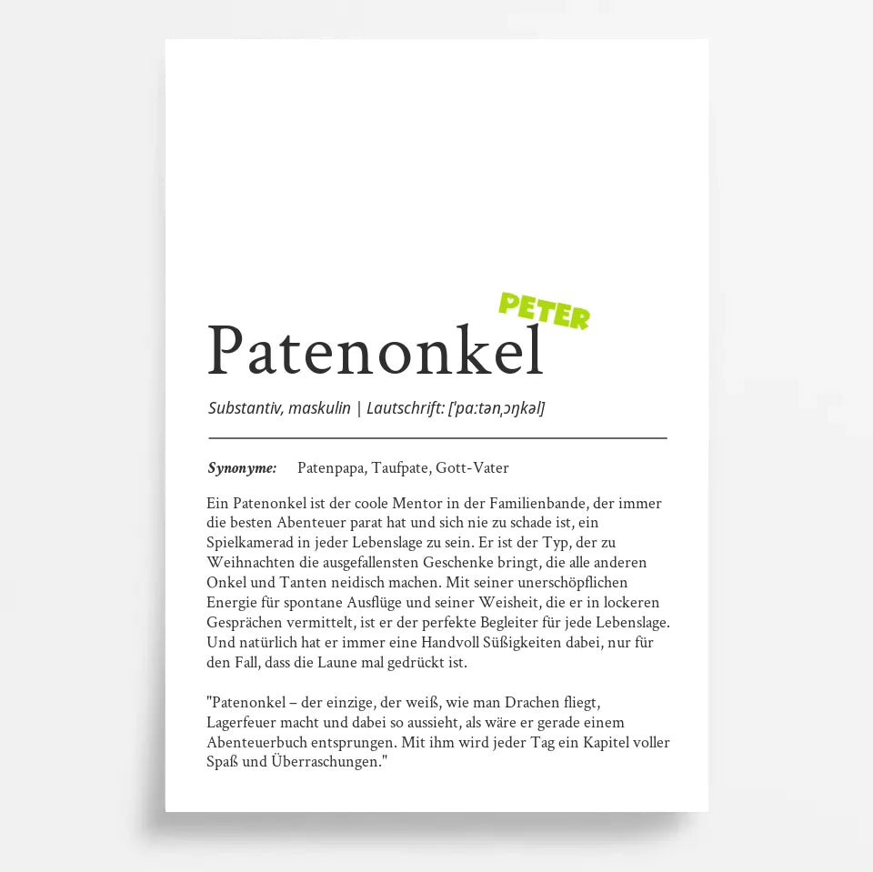 Definition Poster Patenonkel: Dein einzigartiges, personalisiertes Geschenk