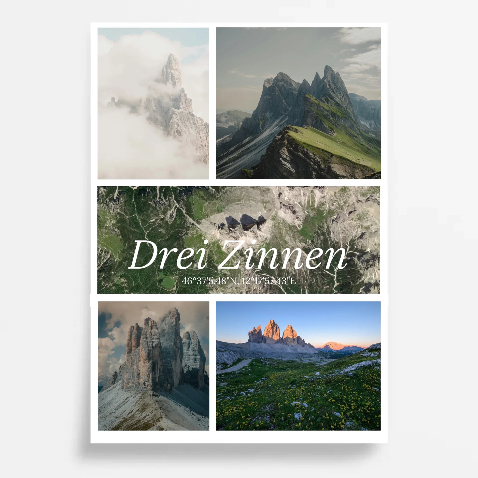 Fotocollage mit Landkarte und Koordinaten – Drei Zinnen Dolomiten