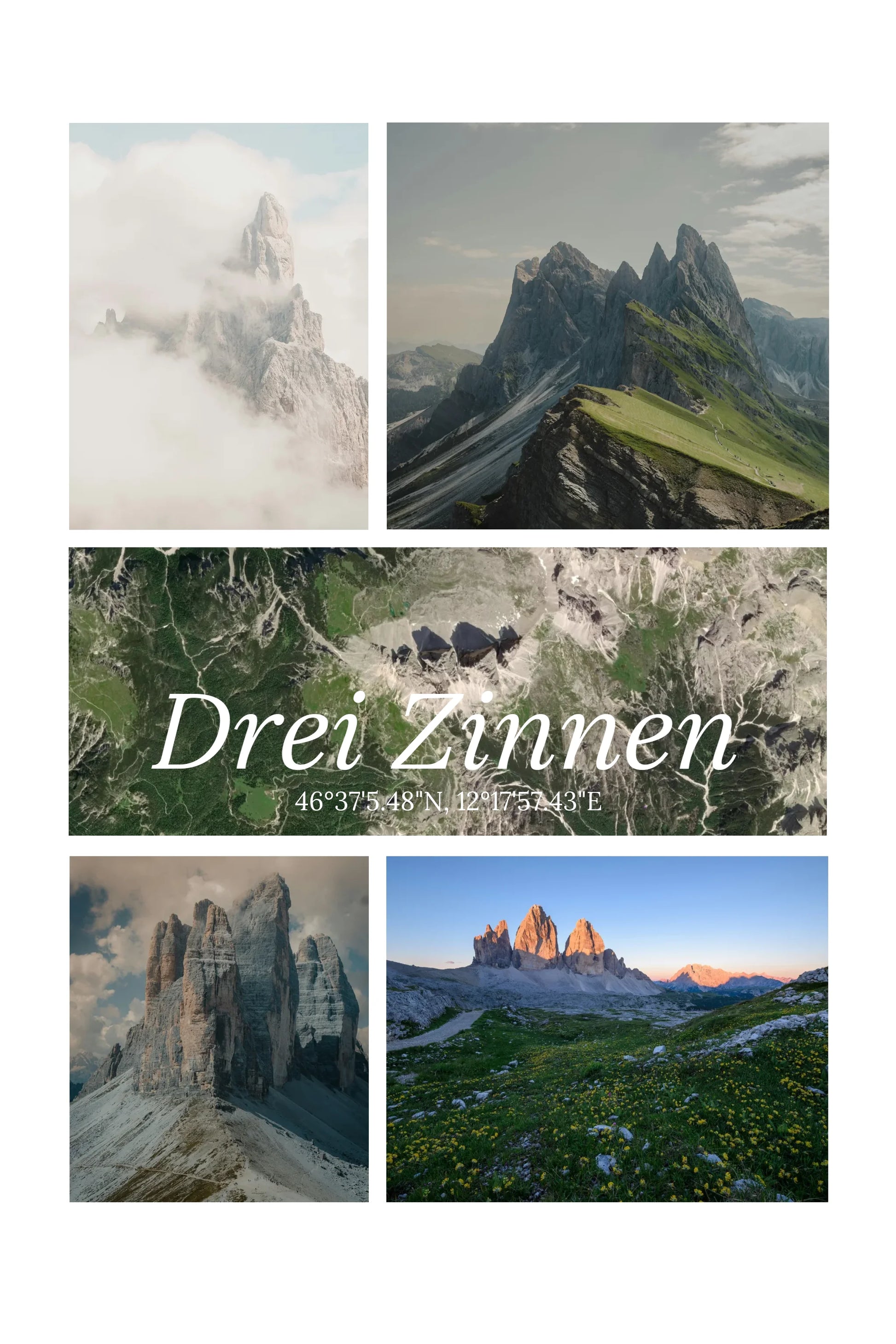 Fotocollage mit Landkarte und Koordinaten – Drei Zinnen Dolomiten